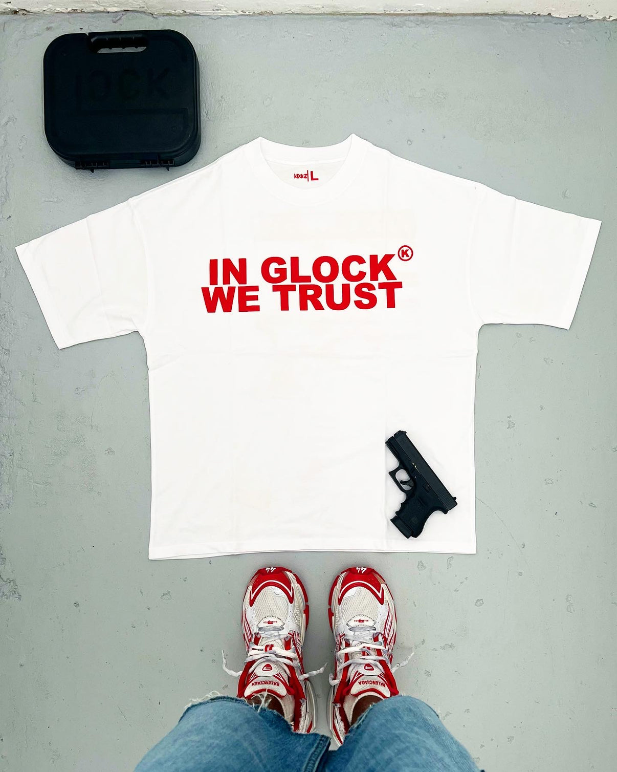 IN GLOCK WE TRUST OVERSIZED TEE (red) KIXKZGALORE